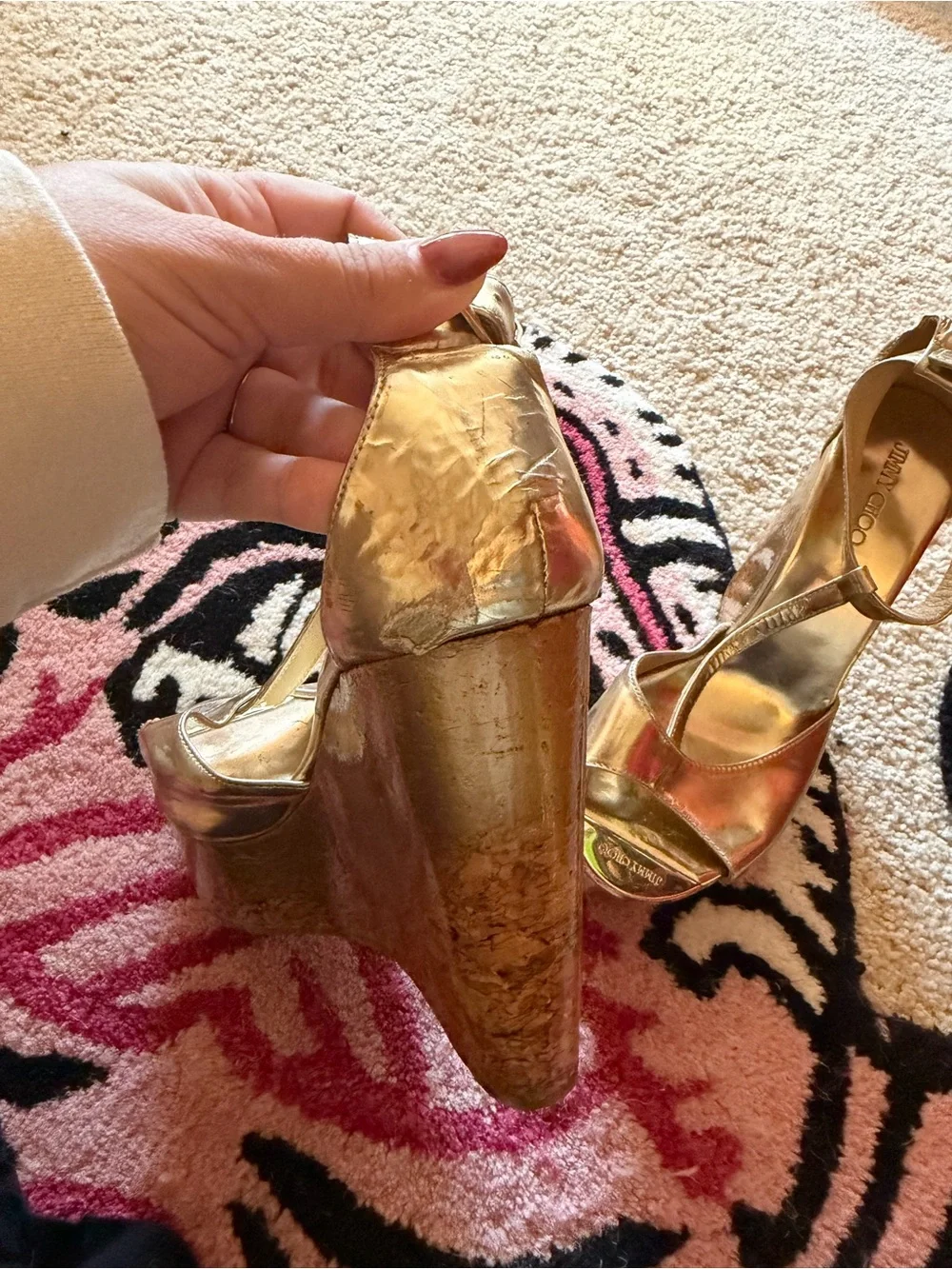 Jimmy Choo Metallic Gold Wedge Sandals with Ankle Strap